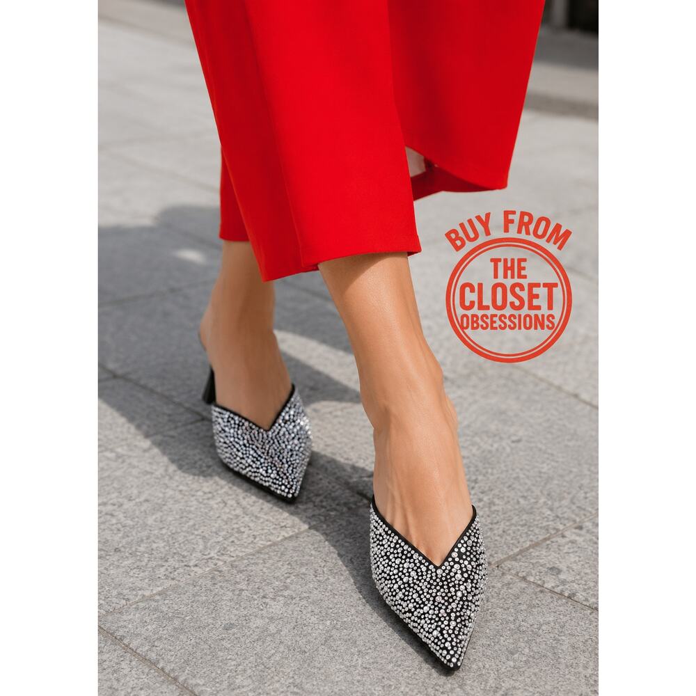 MANGO Crystal Rhinestone Mule Heels NWT Pointed Toe Kitten Heel Size 6.5 - Picture 3 of 16